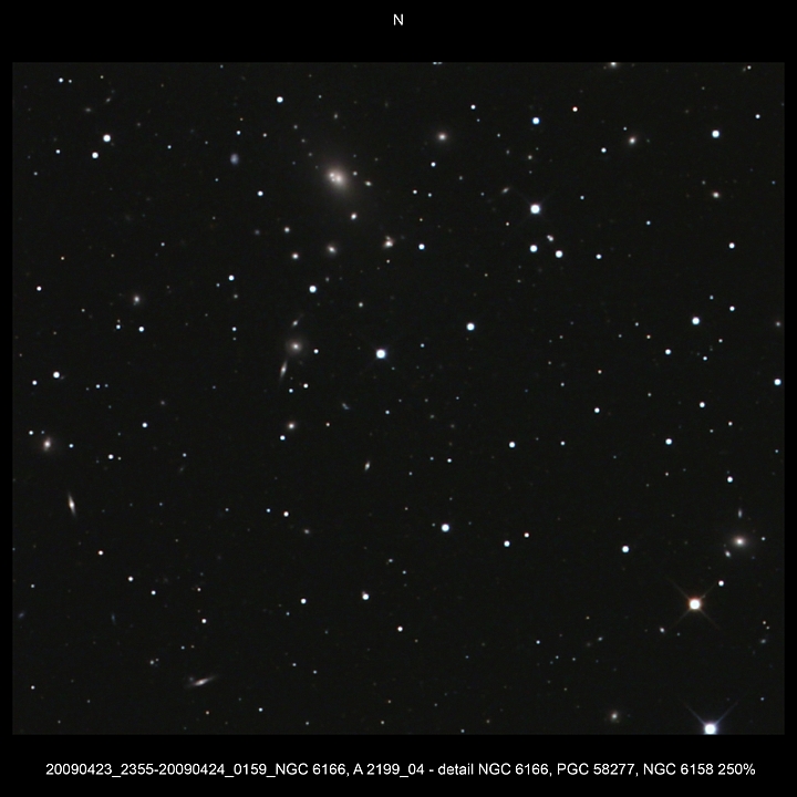 20090423_2355-20090424_0159_NGC 6166, A 2199_04 - detail NGC 6166, PGC 58277, NGC 6158 250pc.JPG -  Her Newton d 309,5 / af 1623 & Coma Corrector CANON-EOS5D (AFC-Filter) 1000 ASA no add. filter 4 light-frames 420s, 3 light-frames 480s, auto dark, 5 flat, 10 bias DSLR-Timer, Guidemaster, DSS, Canon-RAW-Image, Adobe-PS-CS3  
